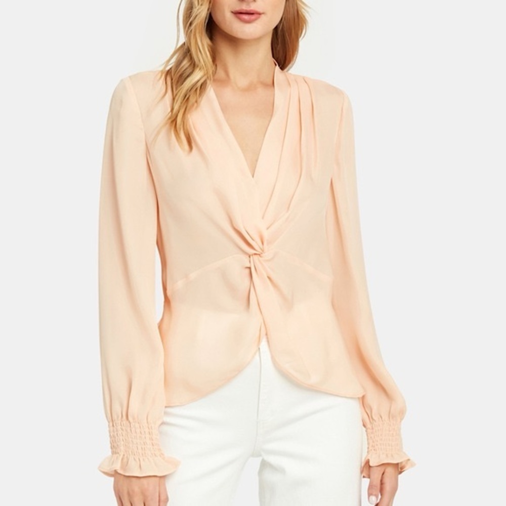 LORIENNE Paige Sheer Peach Blush Silk Front Twist Long Sleeve Blouse